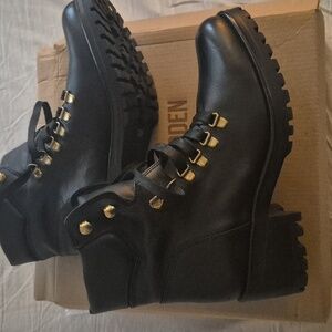Steve Madden Black Leather Boots with Gold Details